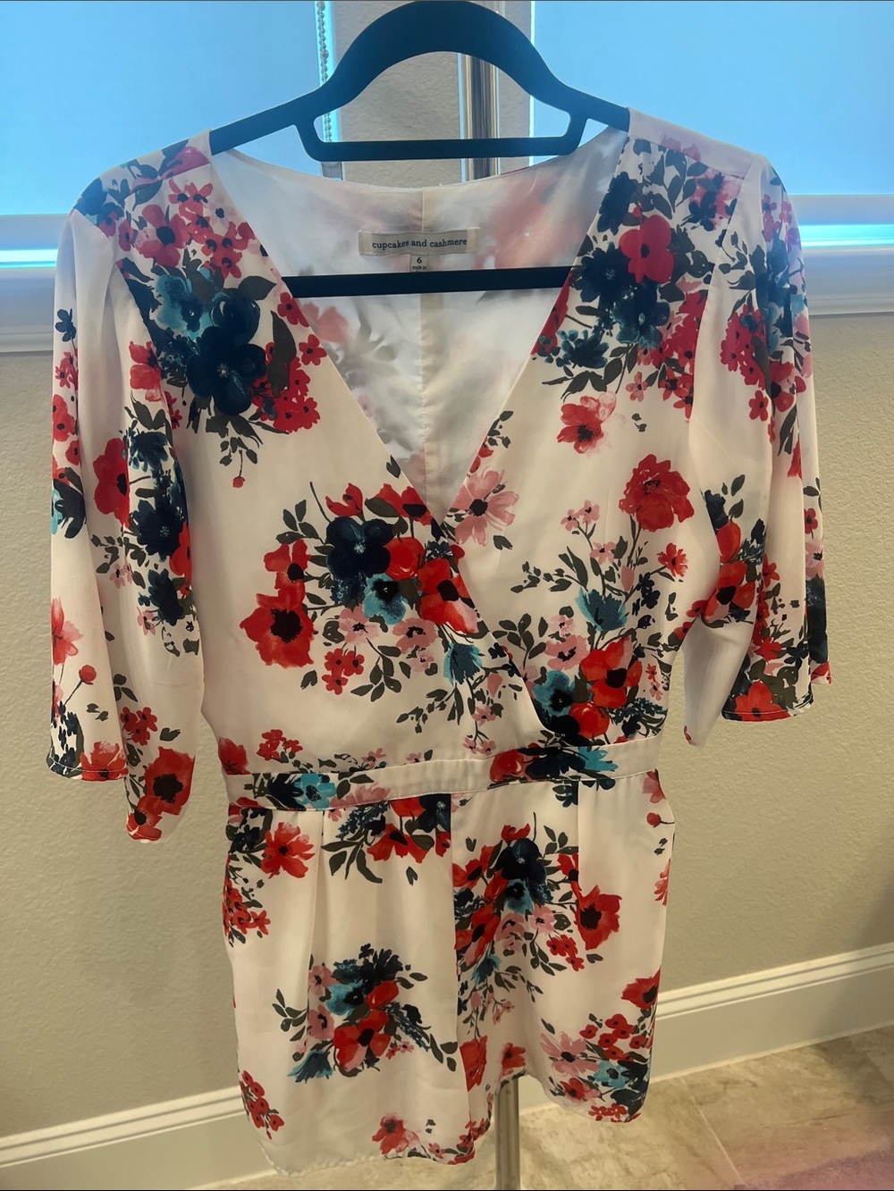 Cupcakes and Cashmere Size 6 Floral Wrap Romper in White with Red & Teal Blooms